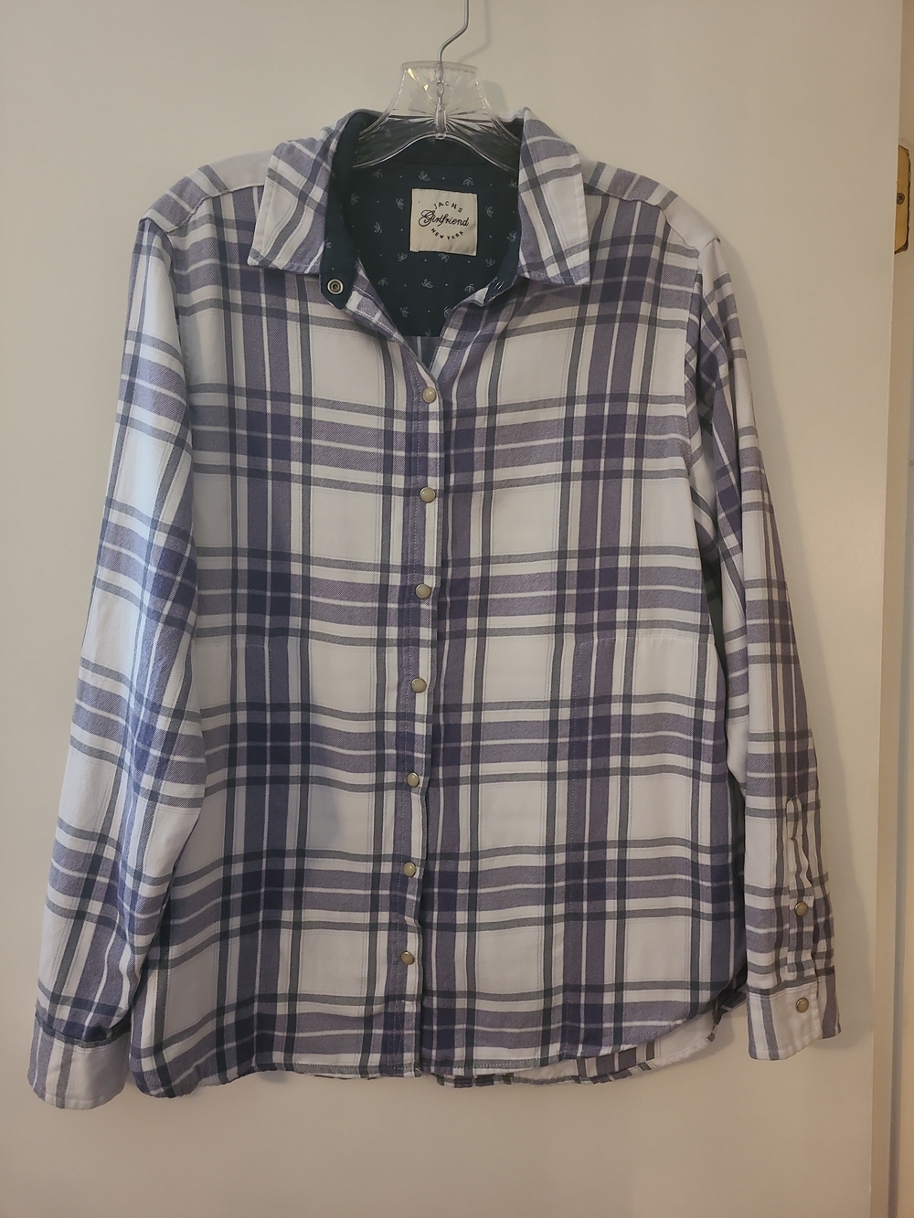 Jachs Girlfriend Blue Grey Plaid Snap Front Flannel Shirt Women's M pockets